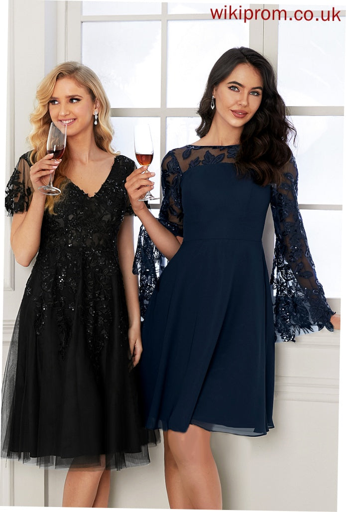 Chiffon Sequins Neck A-Line Lace With Scoop Cocktail Knee-Length Jode Club Dresses Dress