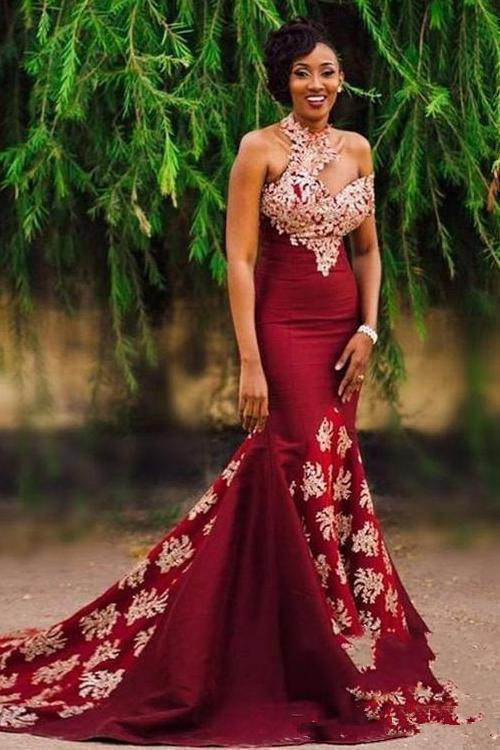 Charming Burgundy Prom Dresses Mermaid Long Lace Appliqued Sleeveless Formal SWK11407