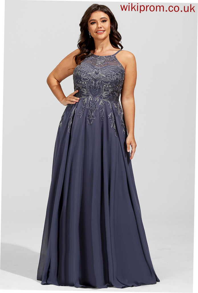 Lace With A-Line Scoop Chiffon Prom Dresses Floor-Length Sequins Kelsie