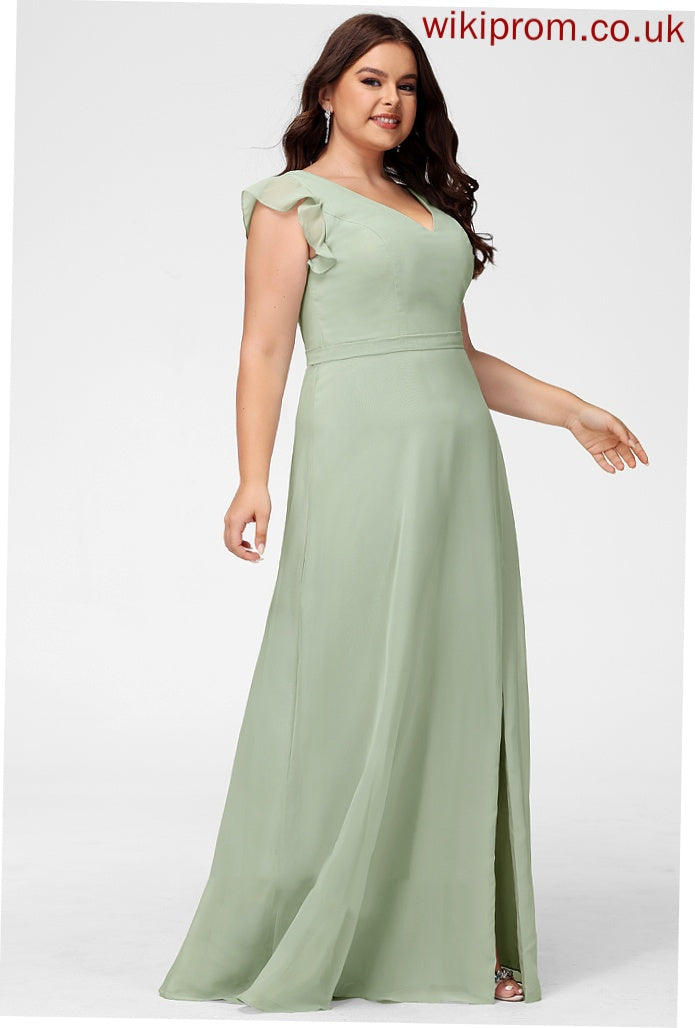 Embellishment V-neck Length SplitFront A-Line Floor-Length Silhouette Neckline Fabric Ariella Cap Sleeves Natural Waist Bridesmaid Dresses