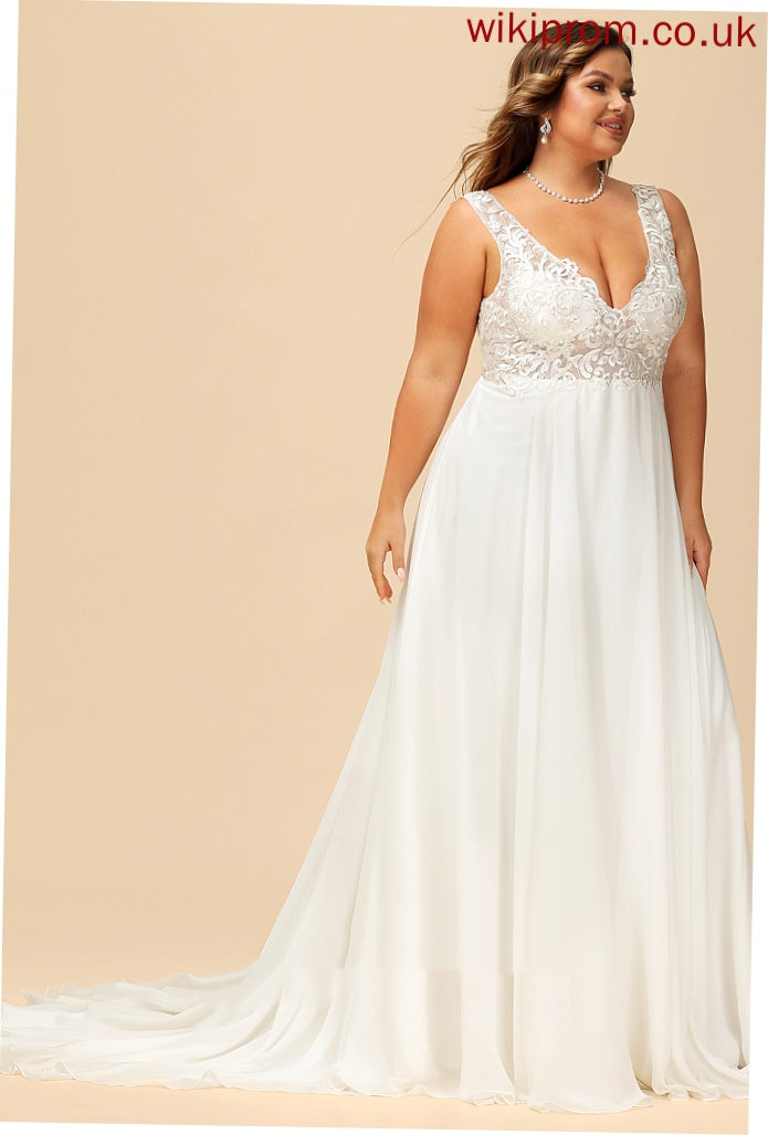 A-Line Emelia Chiffon Dress Court Wedding Dresses Train Wedding Lace V-neck