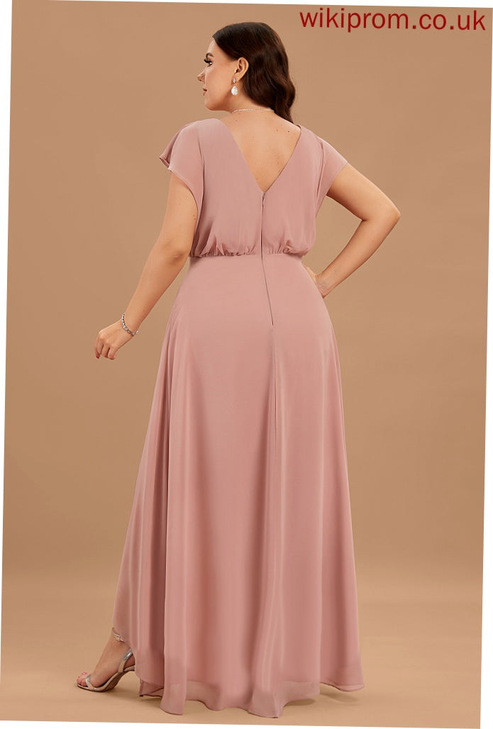 Length SplitFront Neckline Embellishment Fabric Asymmetrical V-neck Silhouette A-Line Janae Short Sleeves Natural Waist Bridesmaid Dresses