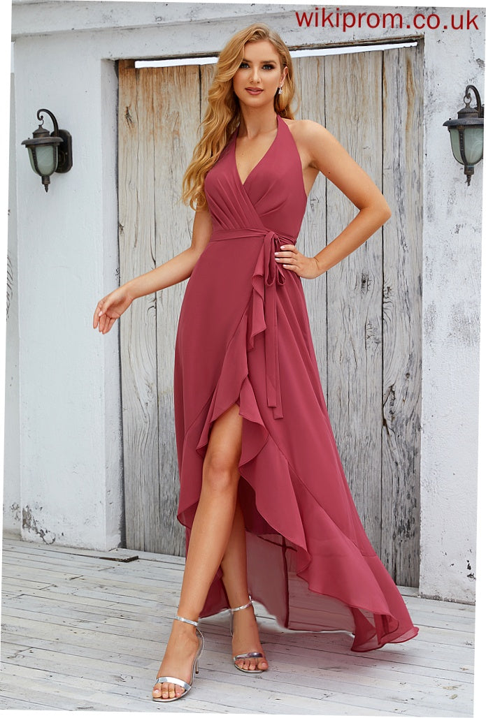 Neckline Fabric Asymmetrical Silhouette A-Line Embellishment Ruffle Length Halter Hana Floor Length Sleeveless Bridesmaid Dresses