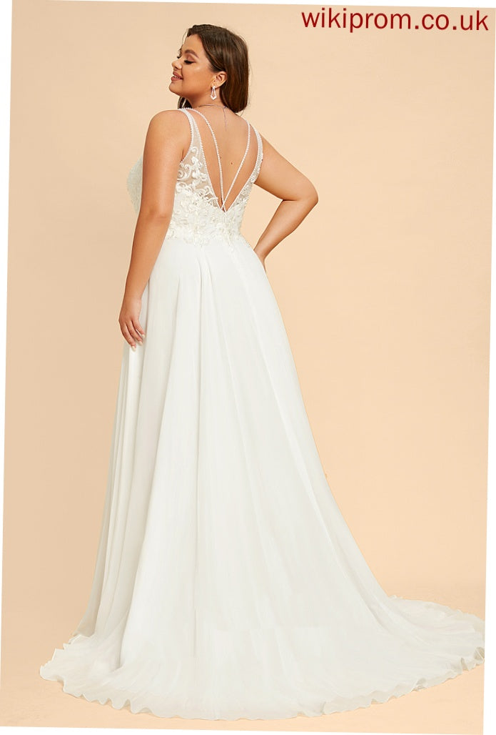 Chiffon Split Train With Wedding Dresses Beading Sweep Cierra A-Line Sequins Wedding Front Dress V-neck Lace