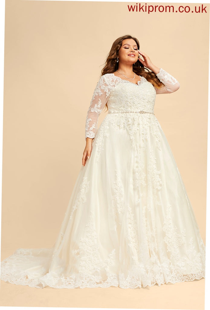 Wedding Dresses Chapel Ball-Gown/Princess Lace Sequins With Beading V-neck Train Wedding Alison Dress Tulle