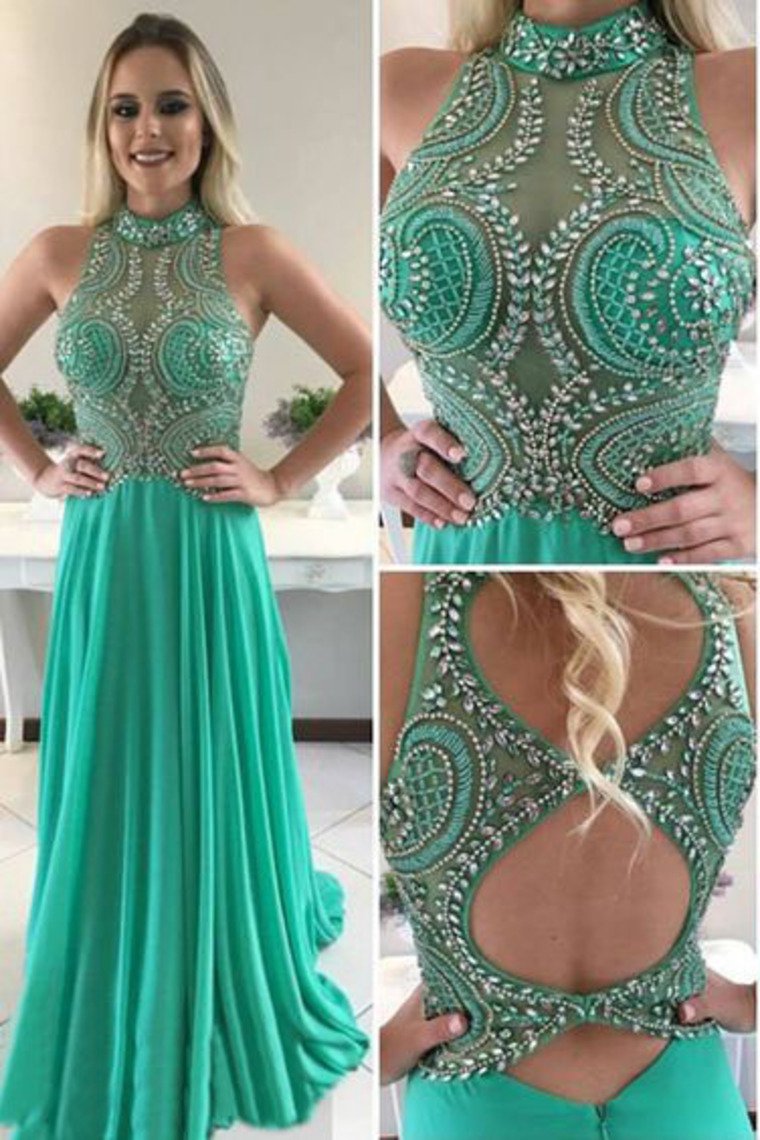 High Neck Open Back Beaded Bodice Chiffon Prom Dresses A Line