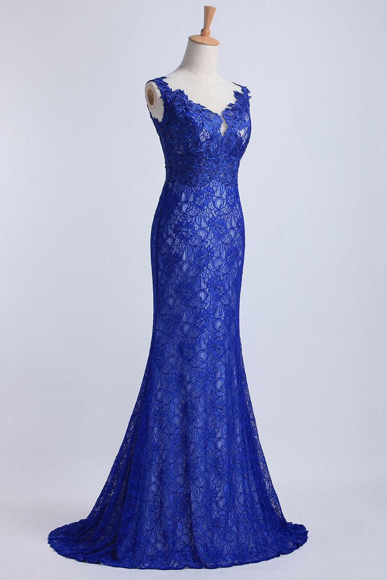 Evening Dresses Bateau Mermaid With Deep V Shape Back Lace&Tulle Dark Royal Blue