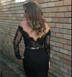 2024 New Style Mermaid Long Sleeves Black Lace Scoop Long Evening Dresses WK762