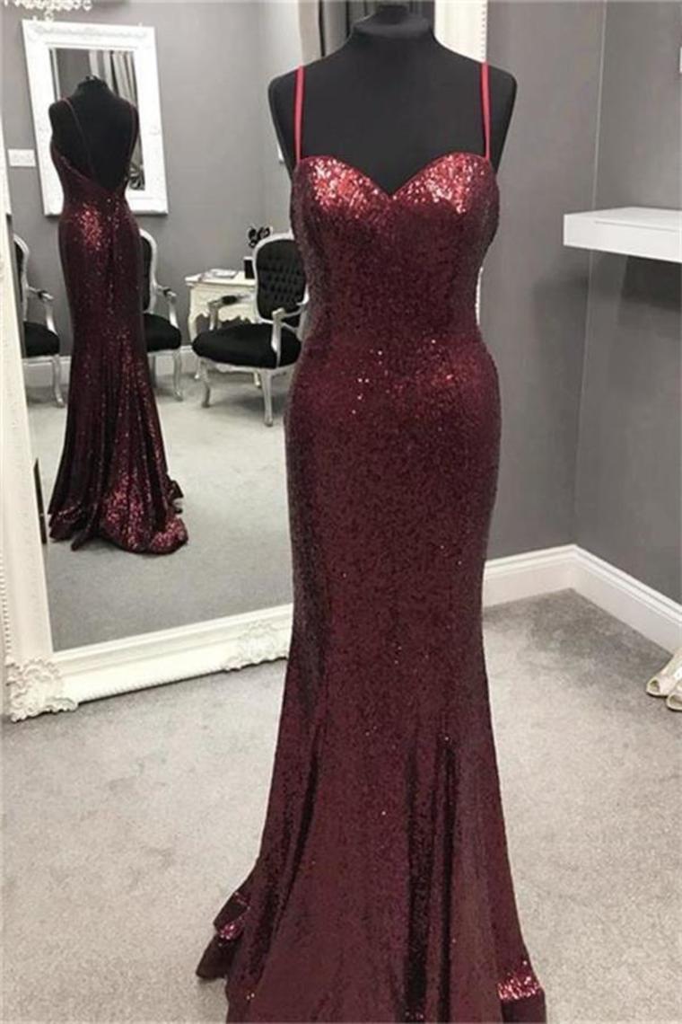 Spaghetti Straps Long Mermaid Burgundy Sequin Shiny Open Back Prom Dresses