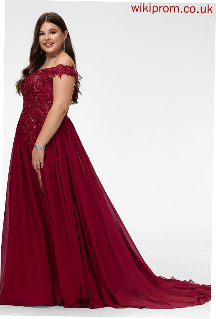 Prom Dresses Sequins Lace With Train Grace Chiffon Off-the-Shoulder A-Line Sweep