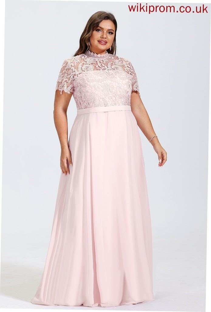 Floor-Length Chiffon Prom Dresses High With Lace Sequins Alisha Neck A-Line