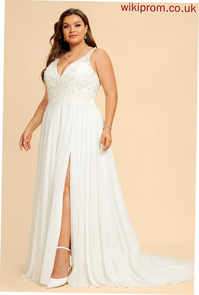 Chiffon Split Train With Wedding Dresses Beading Sweep Cierra A-Line Sequins Wedding Front Dress V-neck Lace