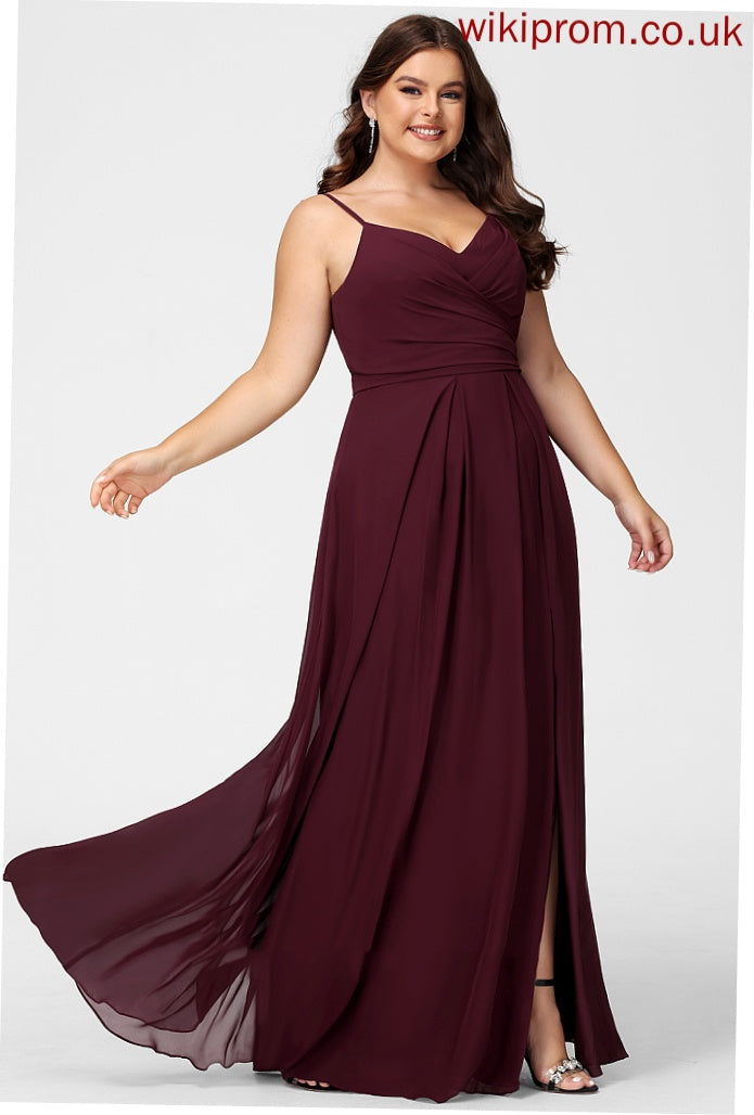 Silhouette A-Line Length Ruffle SplitFront Floor-Length Fabric Embellishment Neckline V-neck Winifred Natural Waist Bridesmaid Dresses