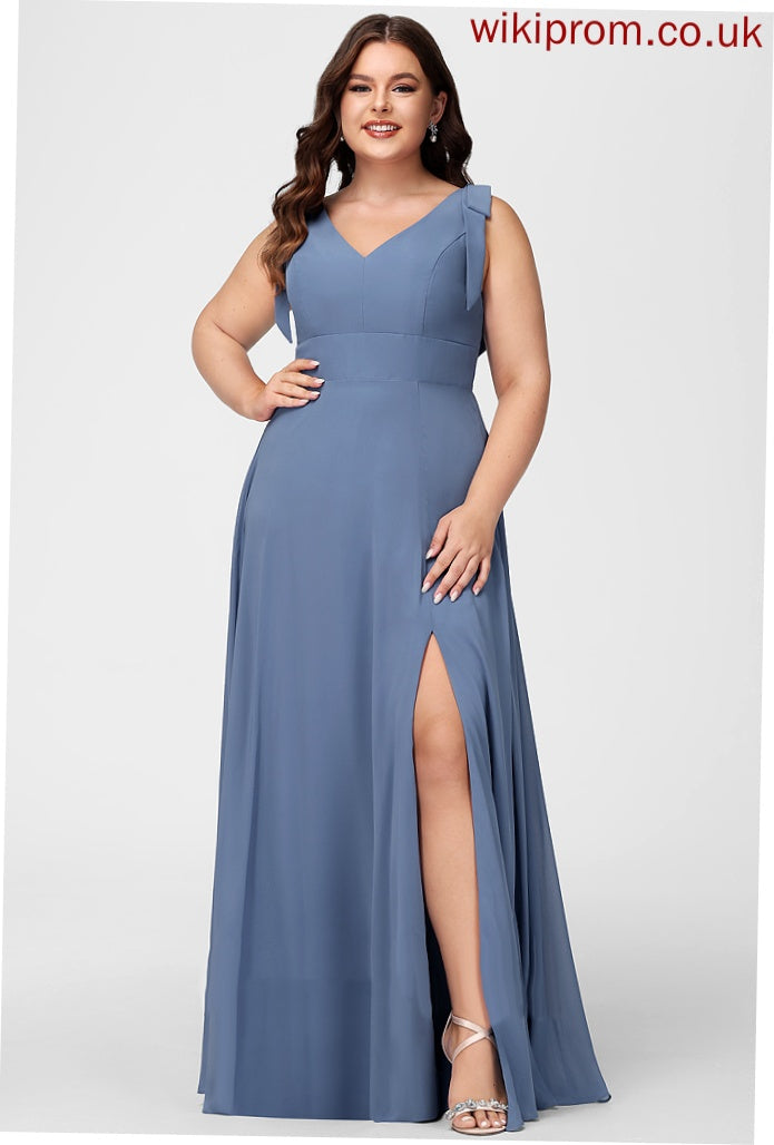 Floor-Length SplitFront A-Line Bow(s) Fabric Length Neckline Silhouette V-neck Embellishment Shayla Sleeveless Bridesmaid Dresses