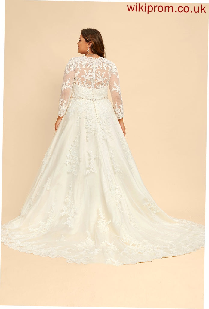 Wedding Dresses Chapel Ball-Gown/Princess Lace Sequins With Beading V-neck Train Wedding Alison Dress Tulle