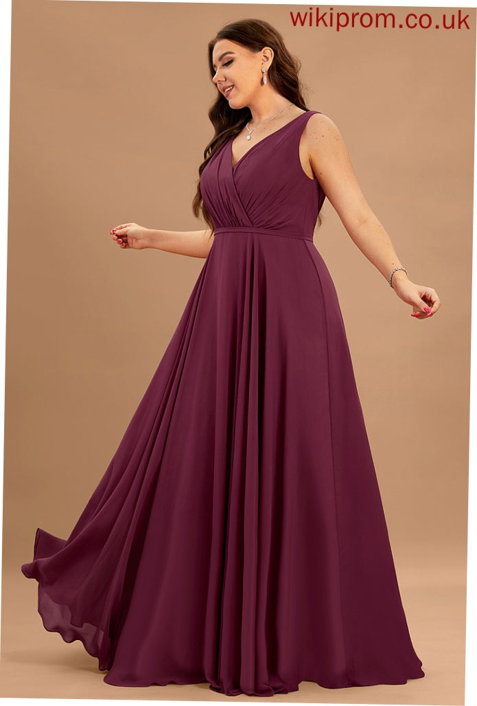 Chiffon A-Line Emelia Pleated Floor-Length Prom Dresses V-neck With