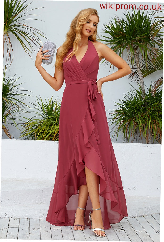 Neckline Fabric Asymmetrical Silhouette A-Line Embellishment Ruffle Length Halter Hana Floor Length Sleeveless Bridesmaid Dresses