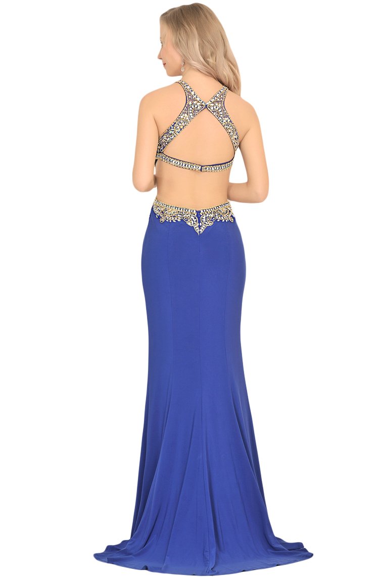 Sexy Open Back Scoop Mermaid Prom Dresses Spandex With Beads And Slit