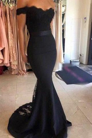 Black Long Prom Dresses Mermaid Off the Shoulder with Sash Prom Gowns Bridesmaid Dresses WK68