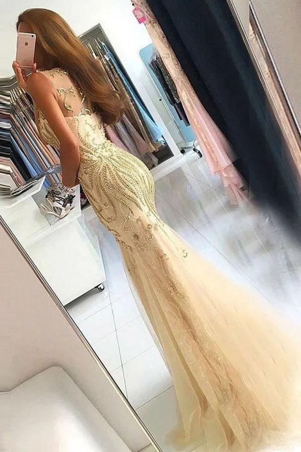 Elegant Mermaid Tulle Sleeveless Prom Dresses with Beading, Long Cheap Formal Dresses SWK15182