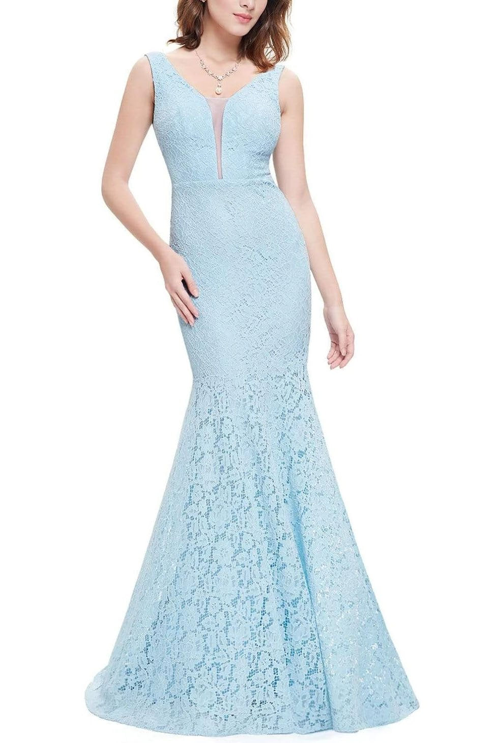 Sexy Fitted Lace Mermaid Blue V Neck Long Prom Dresses Evening Dresses SWK15334