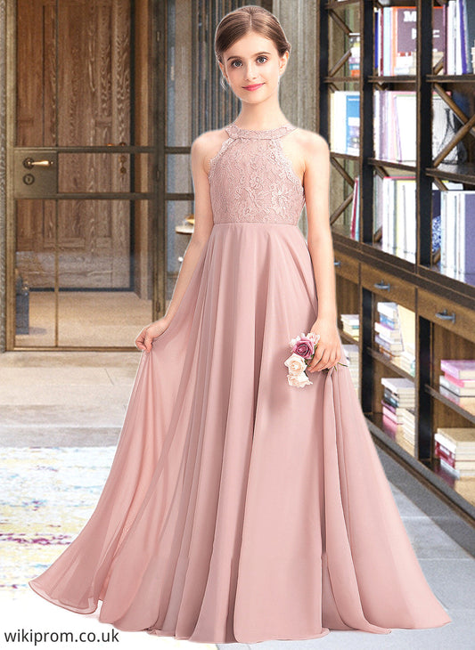 Micaela A-Line Scoop Neck Floor-Length Chiffon Lace Junior Bridesmaid Dress SWKP0013324