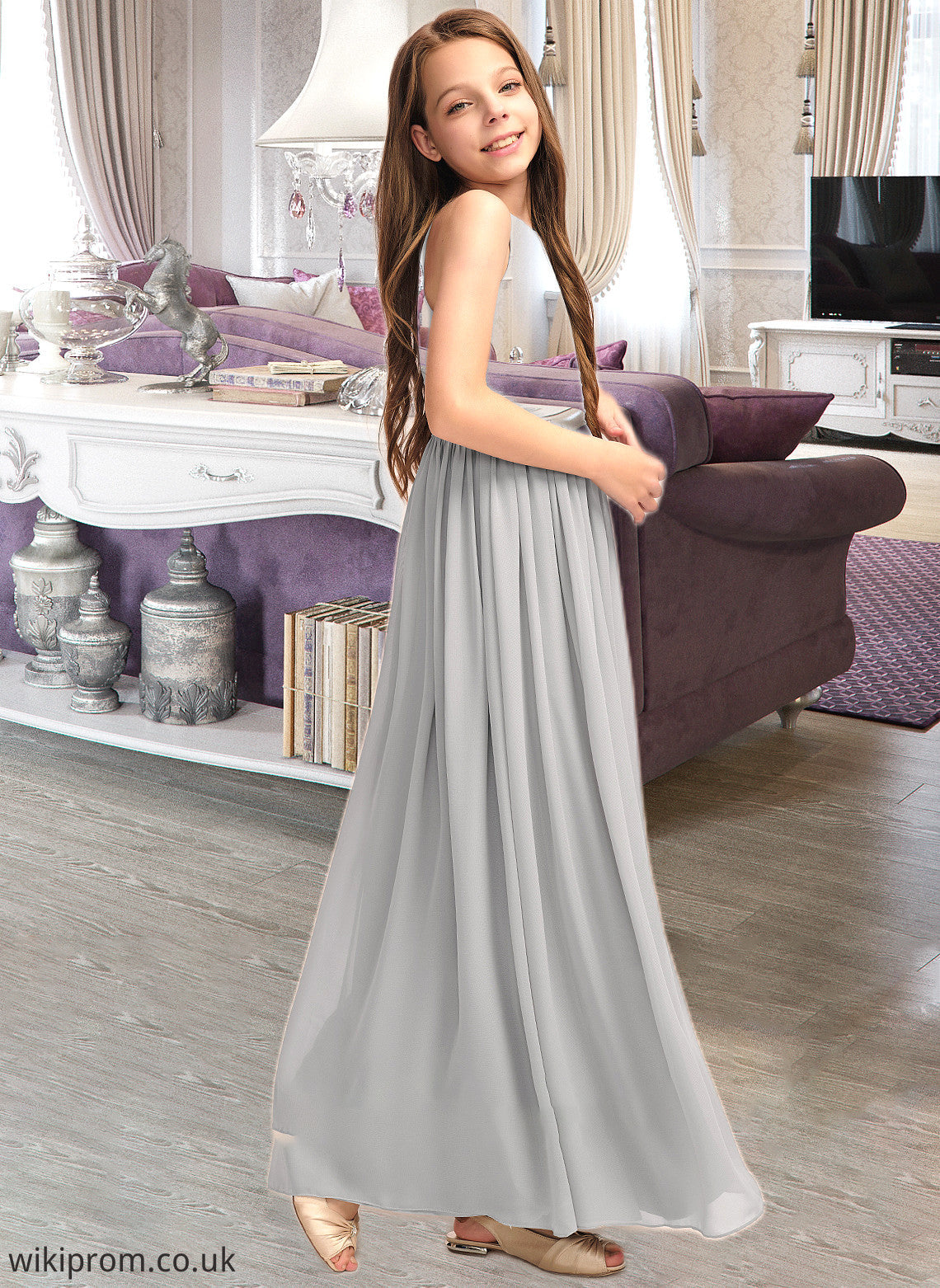 Brianna A-Line Scoop Neck Floor-Length Chiffon Junior Bridesmaid Dress With Ruffle SWKP0013325