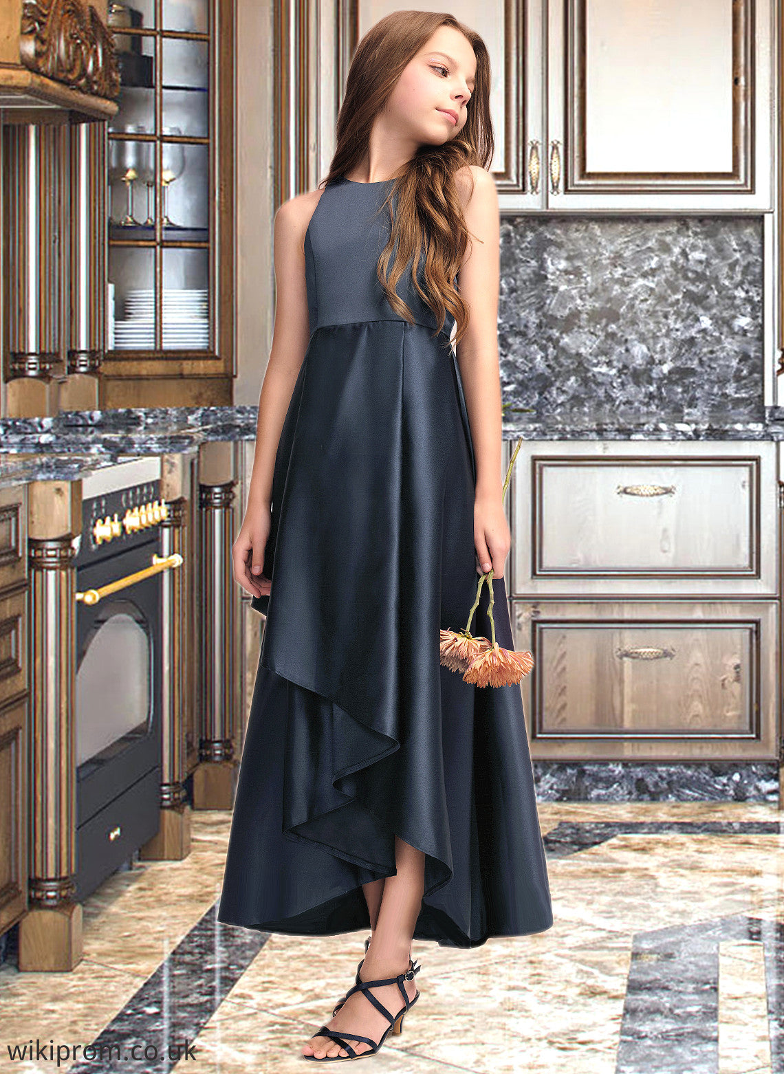 Terri A-Line Scoop Neck Asymmetrical Satin Junior Bridesmaid Dress With Cascading Ruffles SWKP0013352