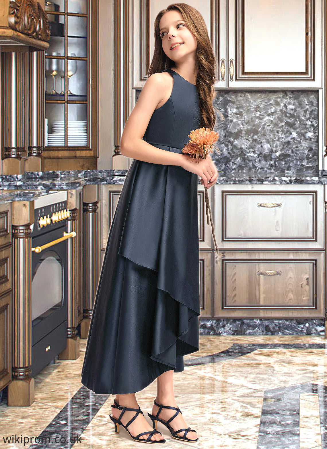 Terri A-Line Scoop Neck Asymmetrical Satin Junior Bridesmaid Dress With Cascading Ruffles SWKP0013352