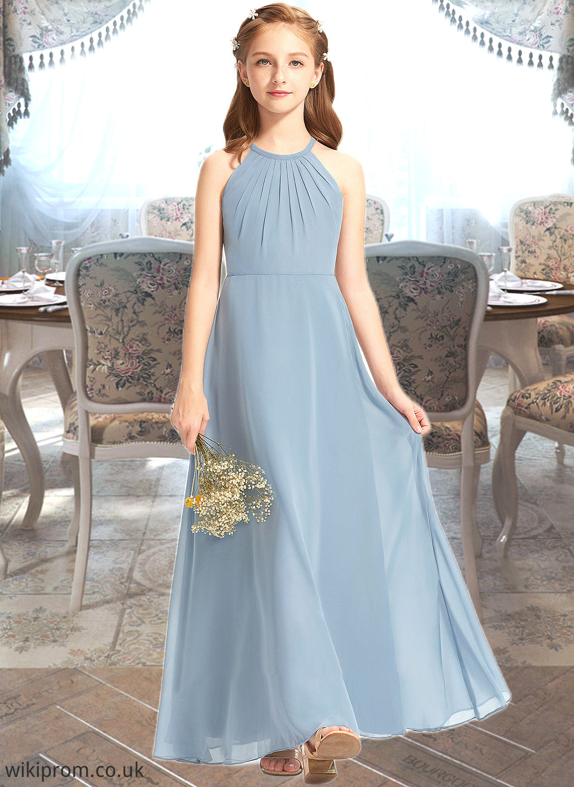 Ana A-Line Scoop Neck Floor-Length Chiffon Junior Bridesmaid Dress With Ruffle SWKP0013353