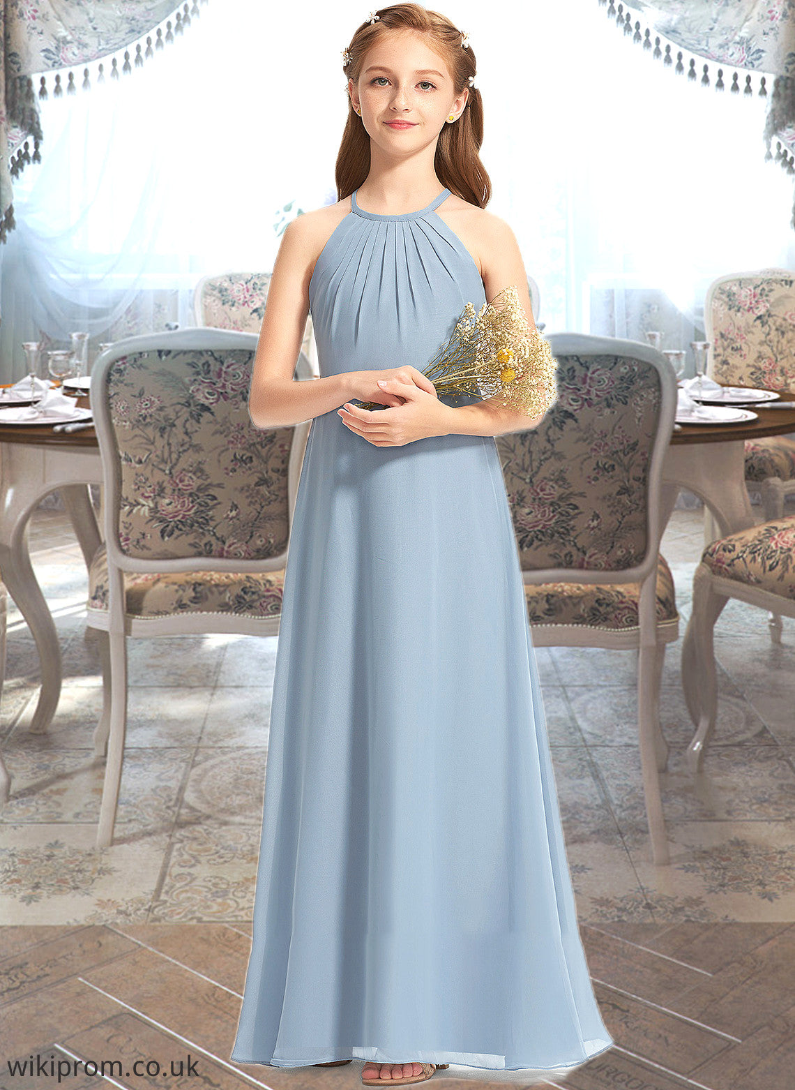 Ana A-Line Scoop Neck Floor-Length Chiffon Junior Bridesmaid Dress With Ruffle SWKP0013353