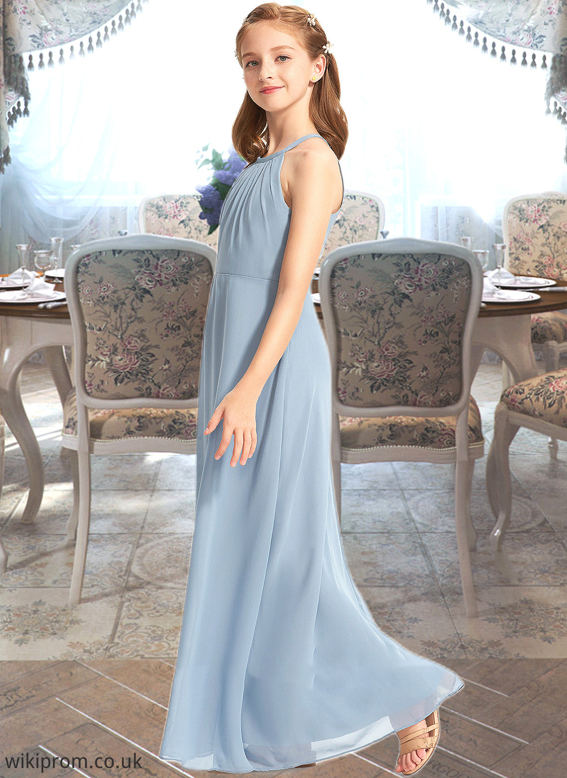 Ana A-Line Scoop Neck Floor-Length Chiffon Junior Bridesmaid Dress With Ruffle SWKP0013353