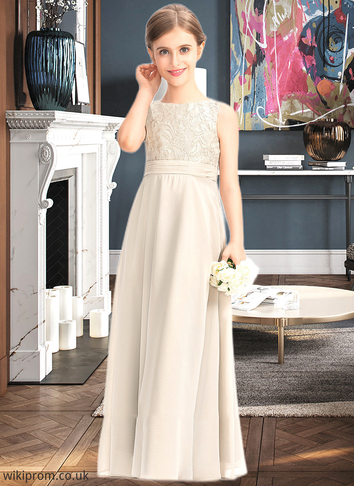 Hailie A-Line Scoop Neck Floor-Length Chiffon Lace Junior Bridesmaid Dress With Ruffle SWKP0013360