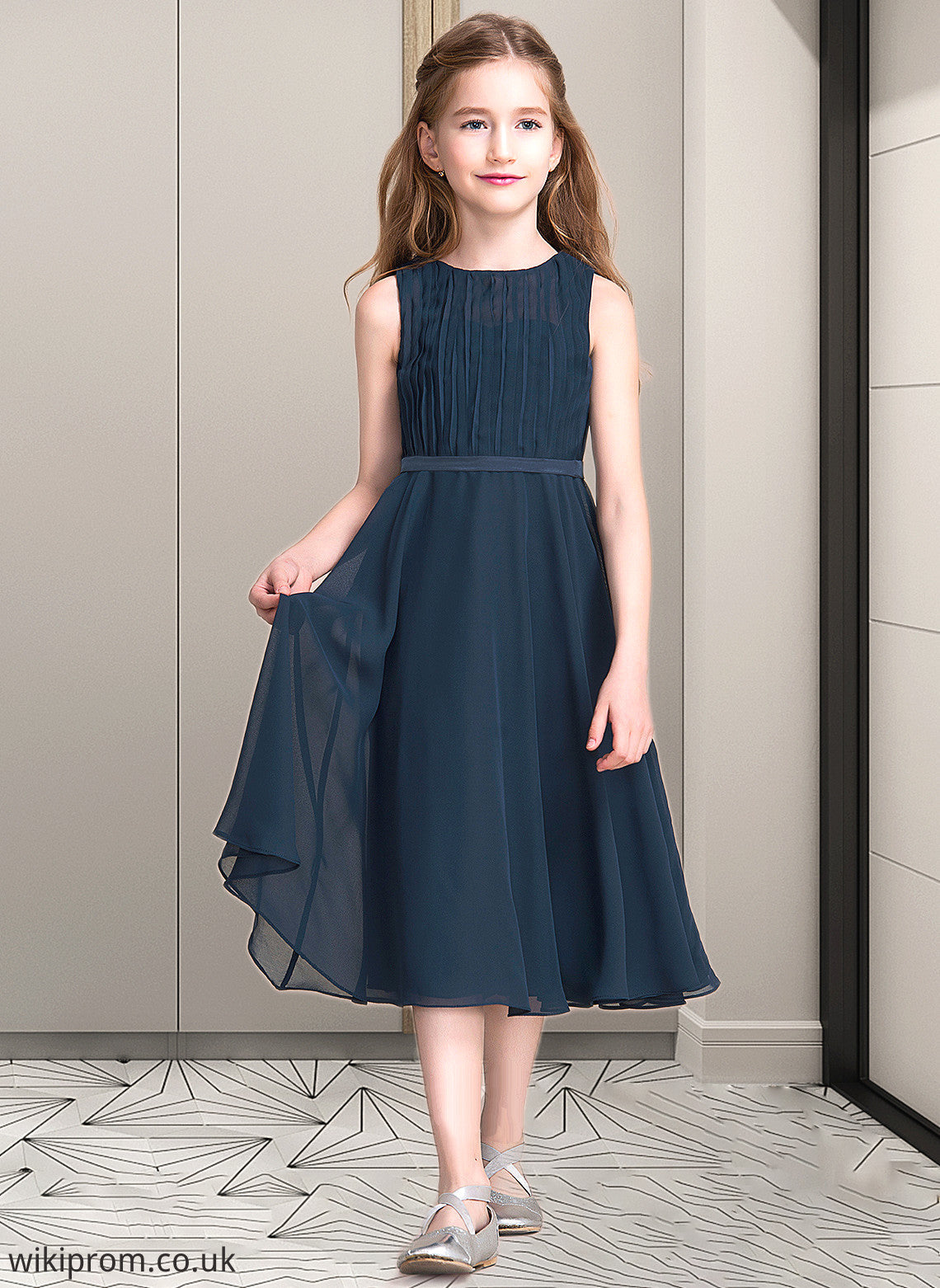 Larissa A-Line Scoop Neck Tea-Length Chiffon Junior Bridesmaid Dress With Ruffle SWKP0013362