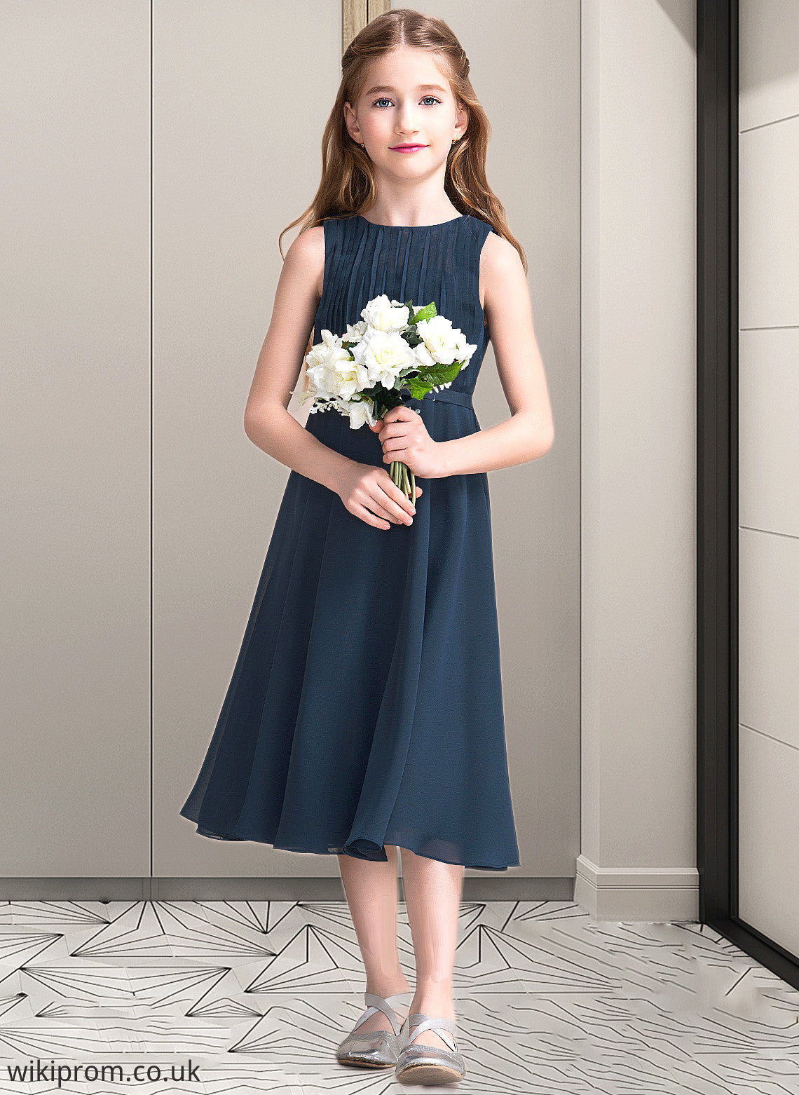 Larissa A-Line Scoop Neck Tea-Length Chiffon Junior Bridesmaid Dress With Ruffle SWKP0013362