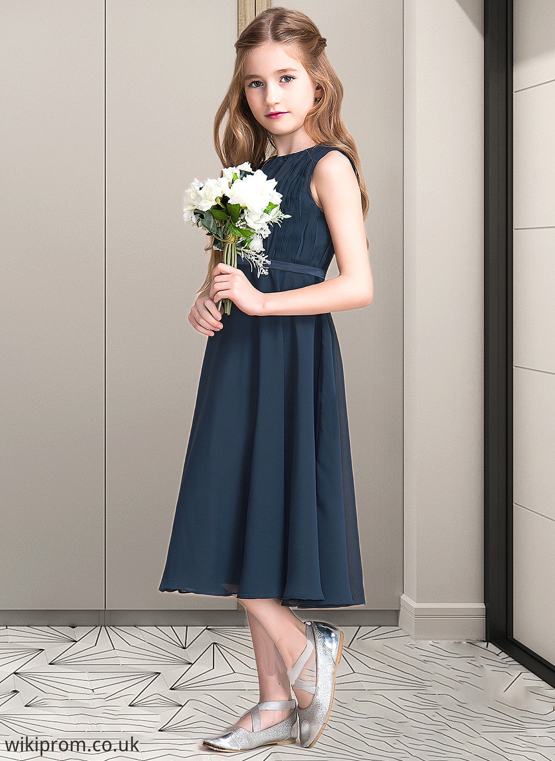 Larissa A-Line Scoop Neck Tea-Length Chiffon Junior Bridesmaid Dress With Ruffle SWKP0013362