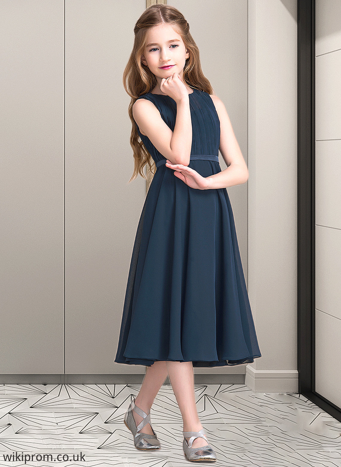 Larissa A-Line Scoop Neck Tea-Length Chiffon Junior Bridesmaid Dress With Ruffle SWKP0013362