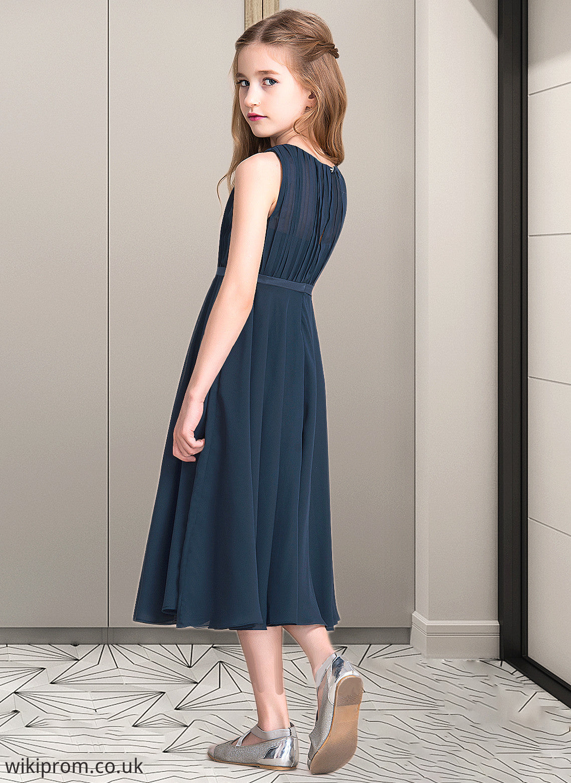 Larissa A-Line Scoop Neck Tea-Length Chiffon Junior Bridesmaid Dress With Ruffle SWKP0013362