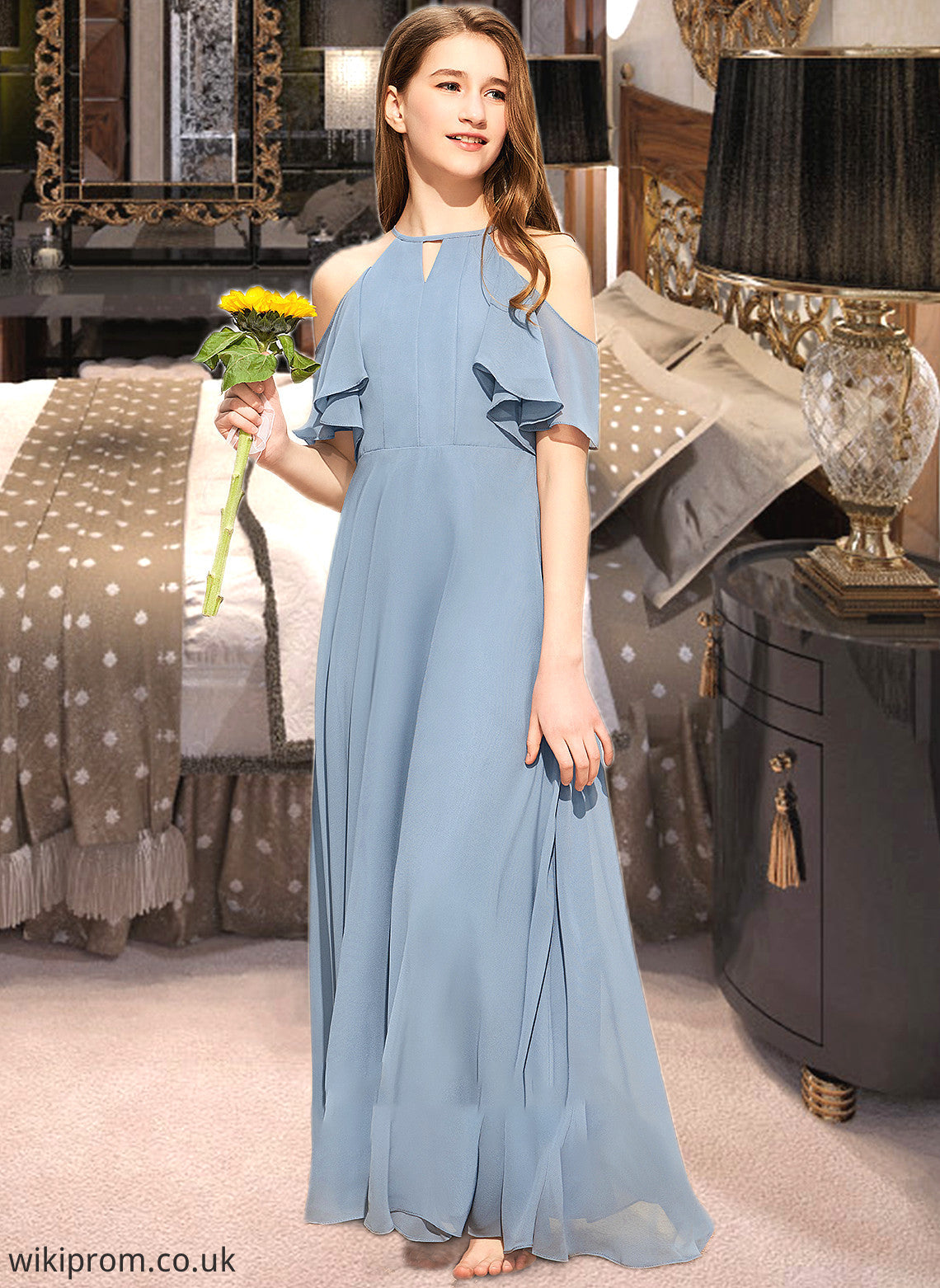 Eve A-Line Scoop Neck Floor-Length Chiffon Junior Bridesmaid Dress With Cascading Ruffles SWKP0013367