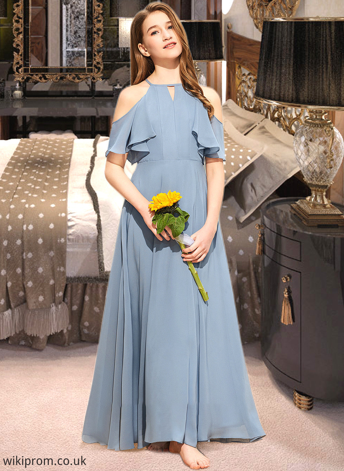 Eve A-Line Scoop Neck Floor-Length Chiffon Junior Bridesmaid Dress With Cascading Ruffles SWKP0013367