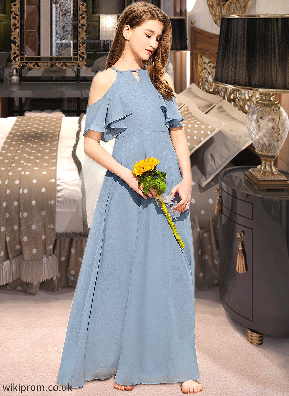 Eve A-Line Scoop Neck Floor-Length Chiffon Junior Bridesmaid Dress With Cascading Ruffles SWKP0013367