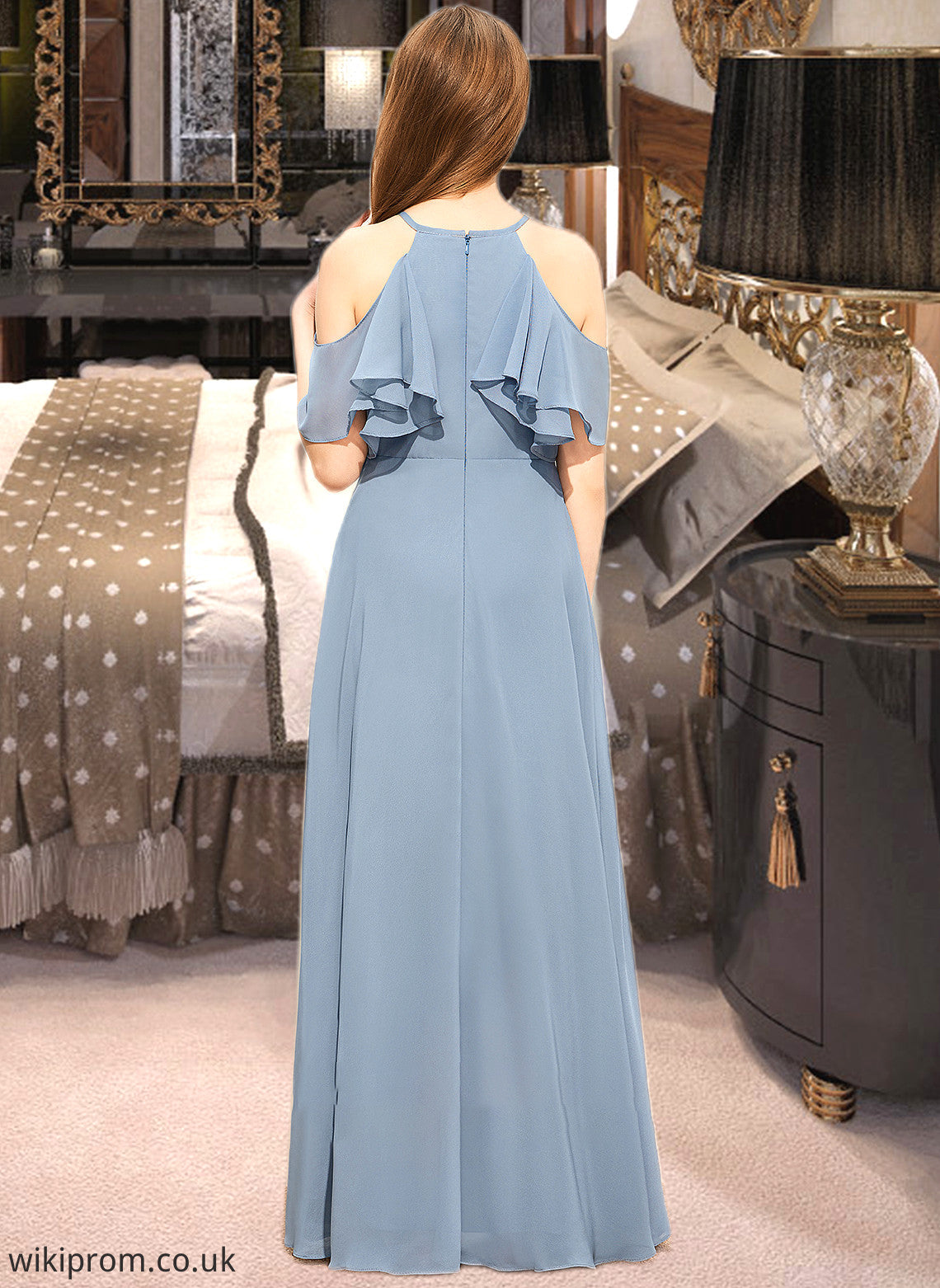 Eve A-Line Scoop Neck Floor-Length Chiffon Junior Bridesmaid Dress With Cascading Ruffles SWKP0013367