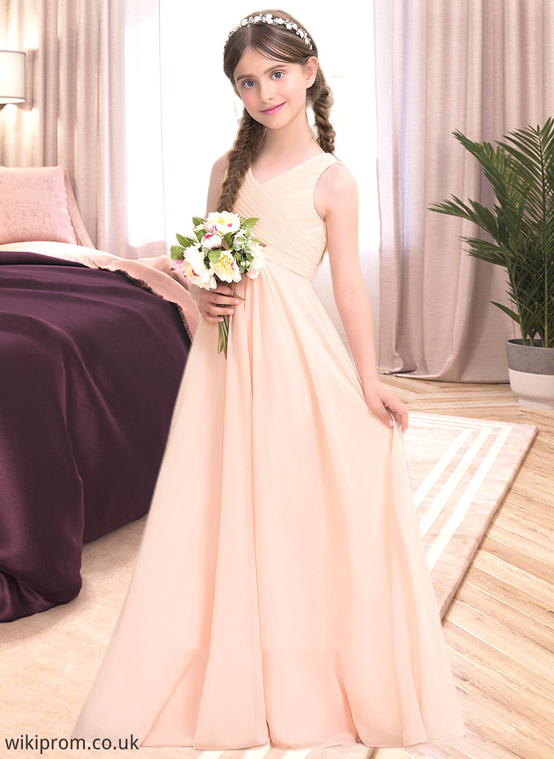 Fiona A-Line V-neck Floor-Length Chiffon Junior Bridesmaid Dress With Ruffle SWKP0013368