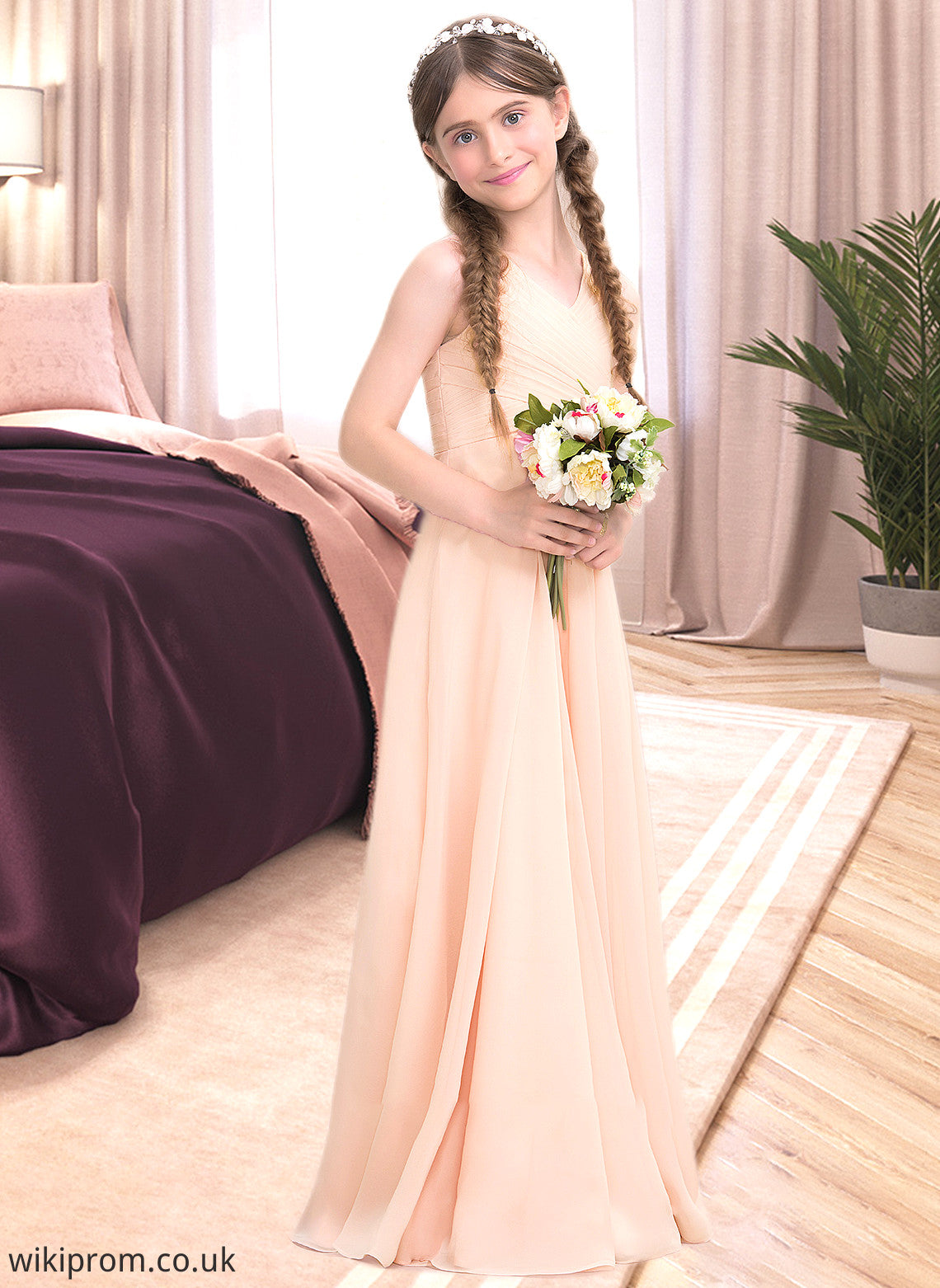 Fiona A-Line V-neck Floor-Length Chiffon Junior Bridesmaid Dress With Ruffle SWKP0013368