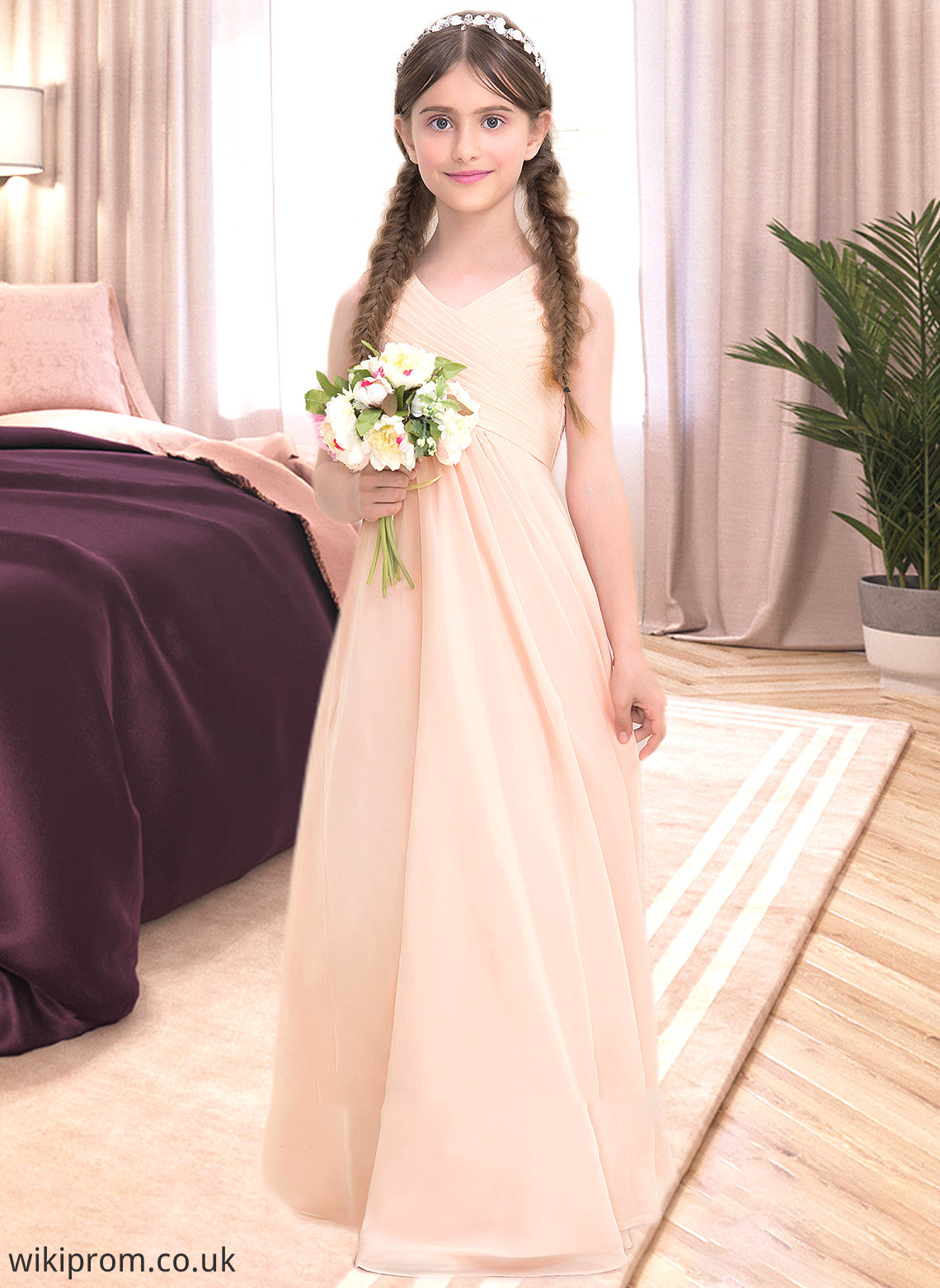 Fiona A-Line V-neck Floor-Length Chiffon Junior Bridesmaid Dress With Ruffle SWKP0013368