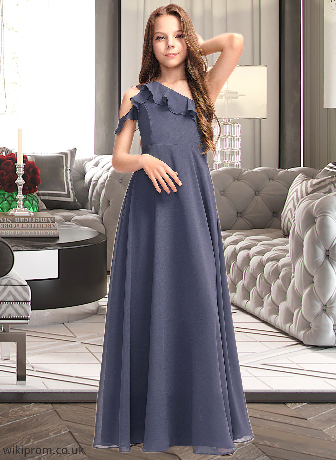 Evangeline A-Line One-Shoulder Floor-Length Chiffon Junior Bridesmaid Dress With Cascading Ruffles SWKP0013370