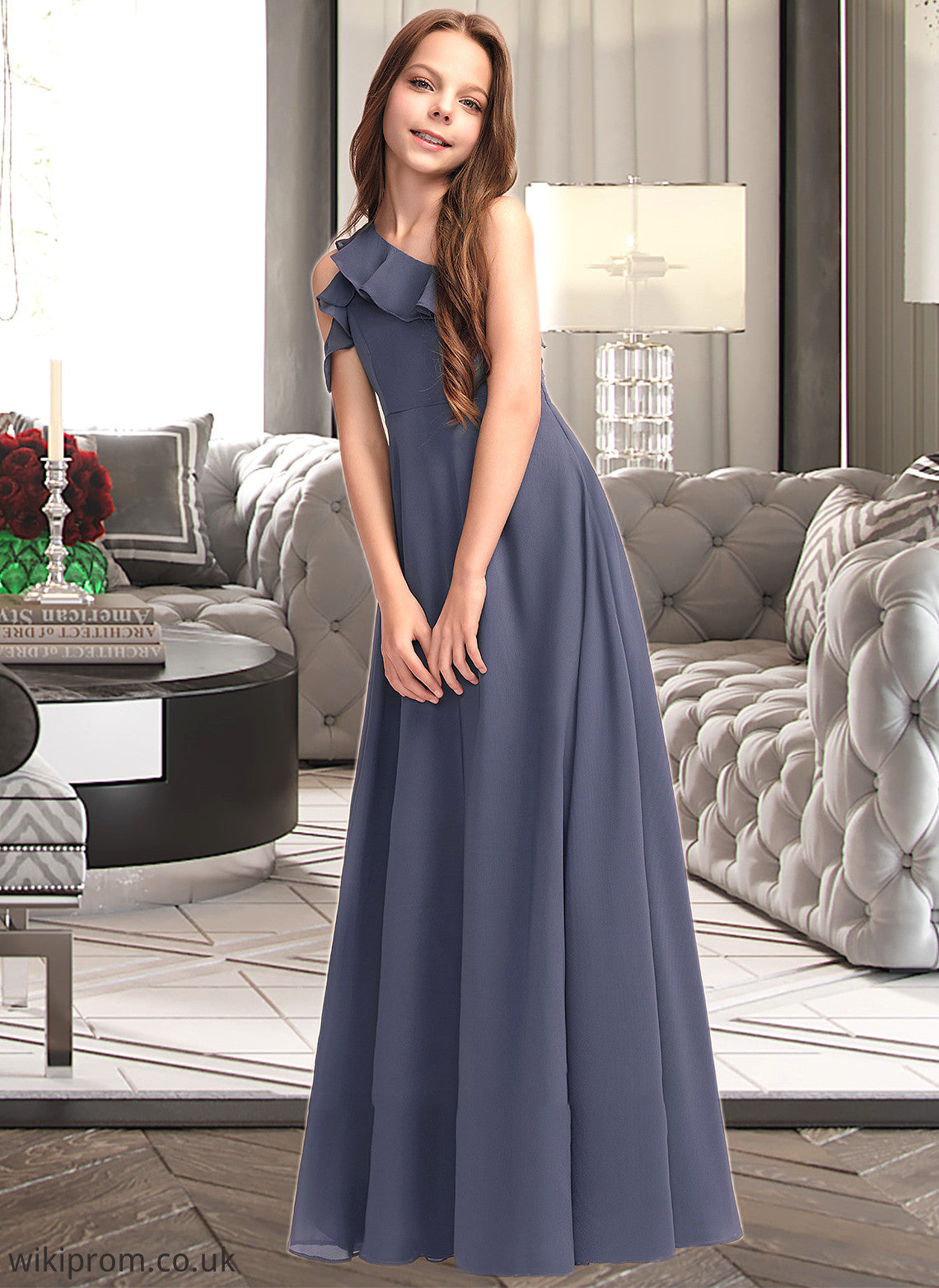 Evangeline A-Line One-Shoulder Floor-Length Chiffon Junior Bridesmaid Dress With Cascading Ruffles SWKP0013370