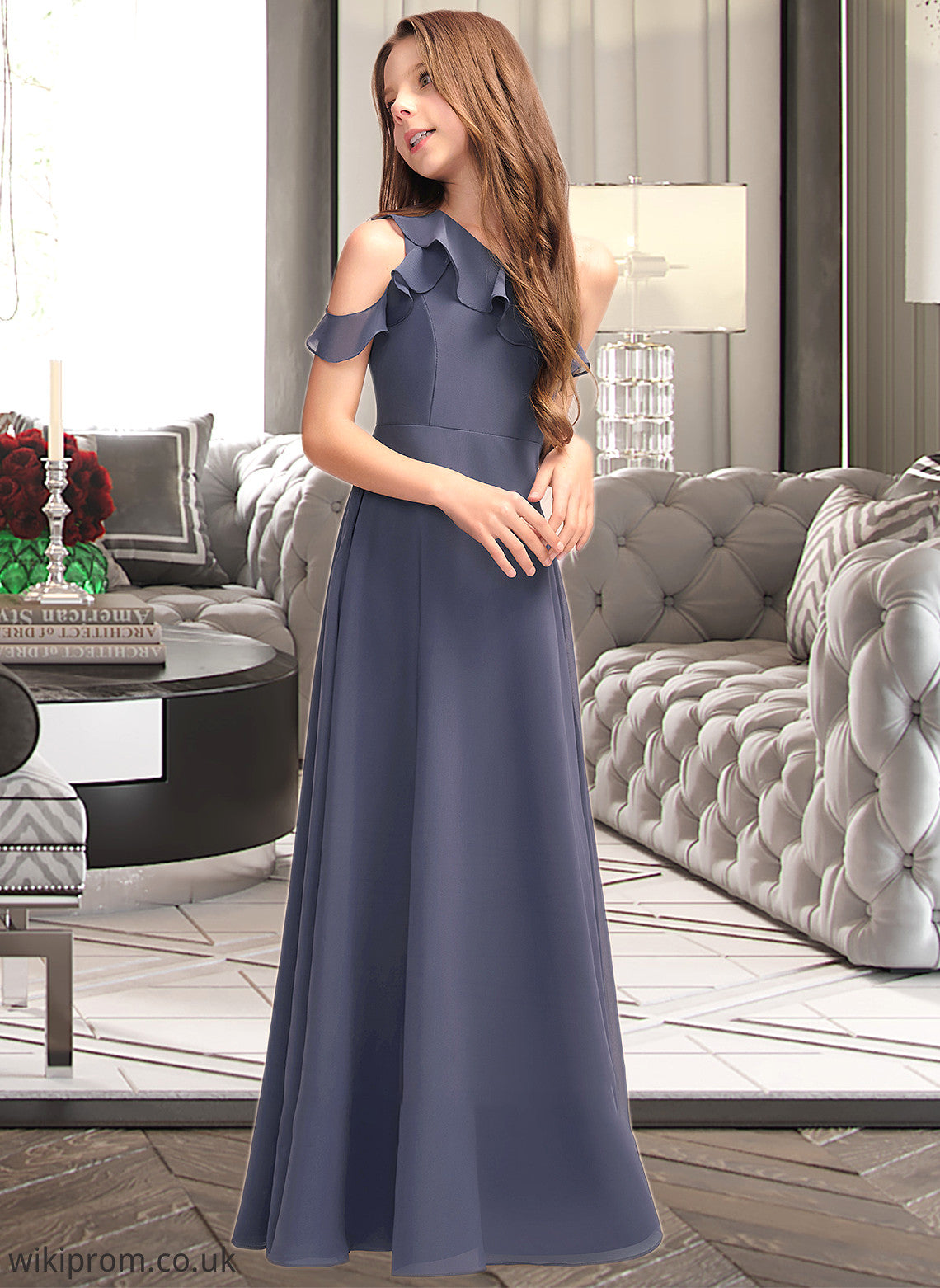 Evangeline A-Line One-Shoulder Floor-Length Chiffon Junior Bridesmaid Dress With Cascading Ruffles SWKP0013370