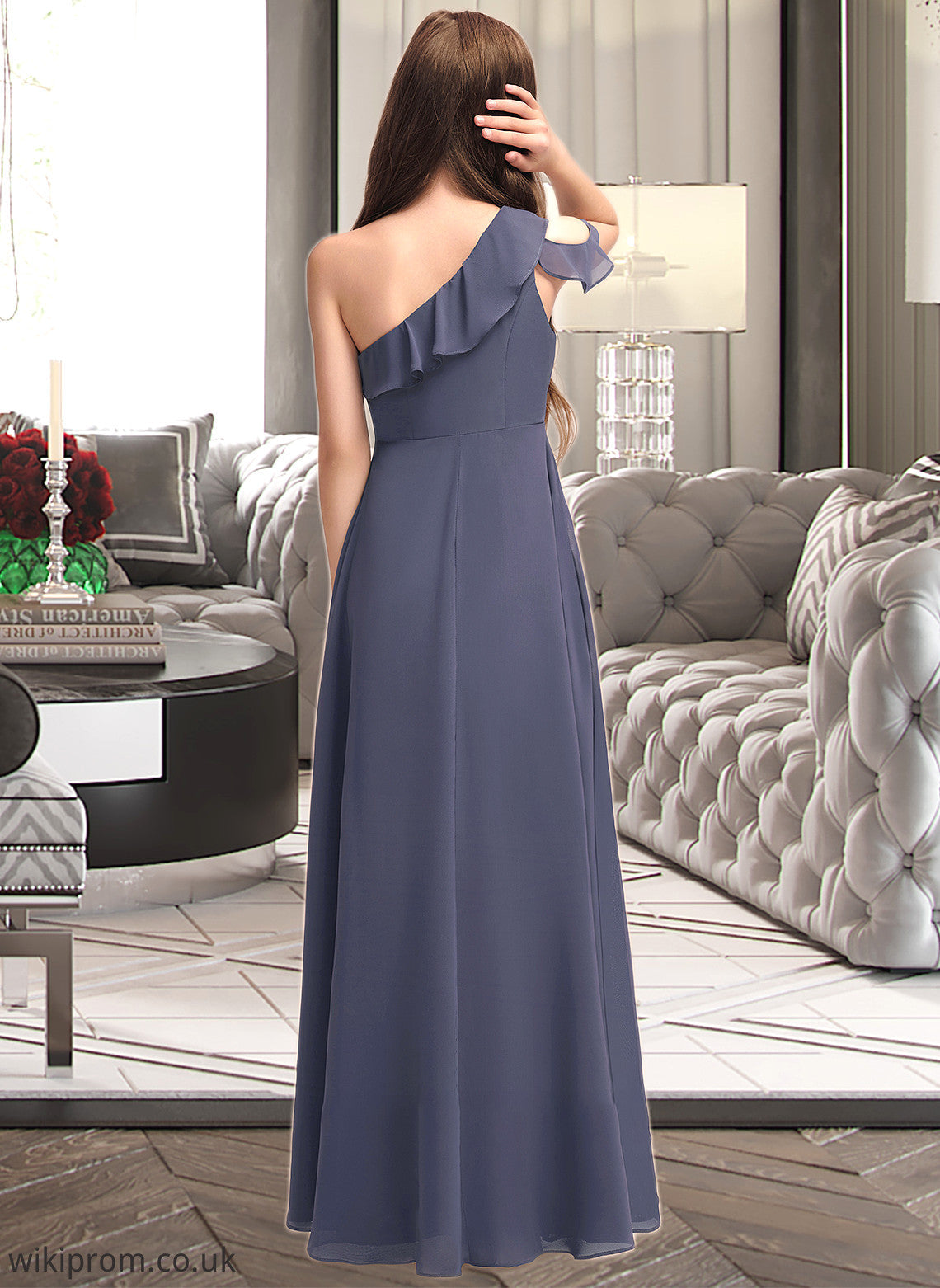 Evangeline A-Line One-Shoulder Floor-Length Chiffon Junior Bridesmaid Dress With Cascading Ruffles SWKP0013370