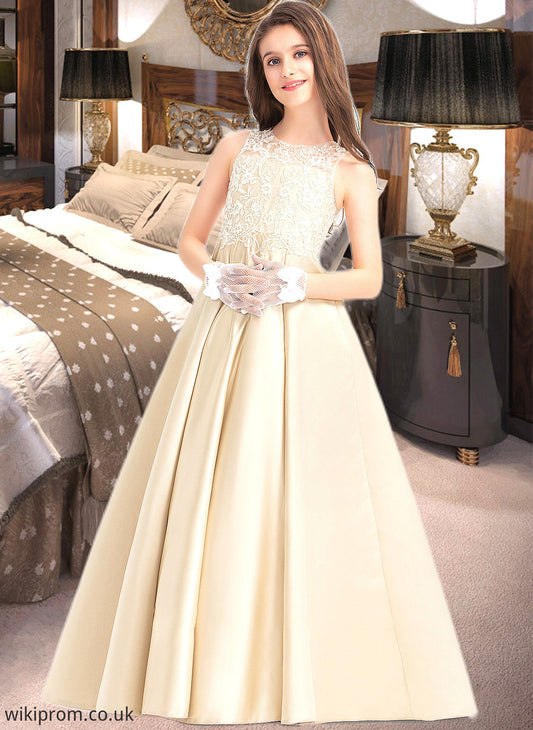 Gillian Ball-Gown/Princess Scoop Neck Floor-Length Satin Lace Junior Bridesmaid Dress SWKP0013374